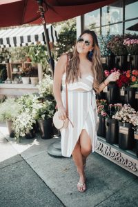 Ashley Zeal from Two Peas in a Prada shares the perfect dress for any body type. She is wearing the Striped Cut-Out Wrap Front Midi Dress from Express.
