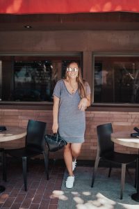 Ashley Zeal from Two Peas in a Prada shares a cheap AF t-shirt dress from Express.